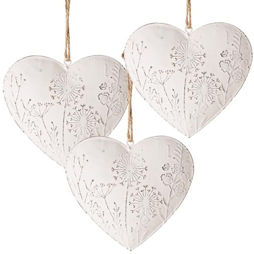 Logbuch-Verlag 3 weiße Herzen zum Aufhängen aus Metall Pusteblume Geschenk Herzanhänger Liebe Deko 10 x 10 cm