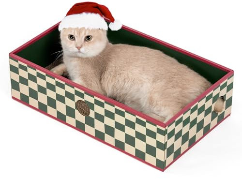 Conlun Rascador para Gatos con Caja, Rascador Gato Grande y Resistente, Doble Cara, Agujeros Interactivos, Zona de Descanso Antisuciedad para Interior (1 Unidad, Grande, Cuadros)