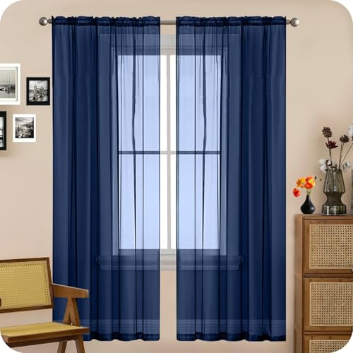 Natürliche Leinenstruktur Vorhänge 180 x 180 cm Transparent in Leinen-Optik Waschbar in Vielen Bunten Farben Gardinen mit Kräuselband Blickdicht Vorhänge für Hotels Büros Wohnzimmer, Dunkelblau