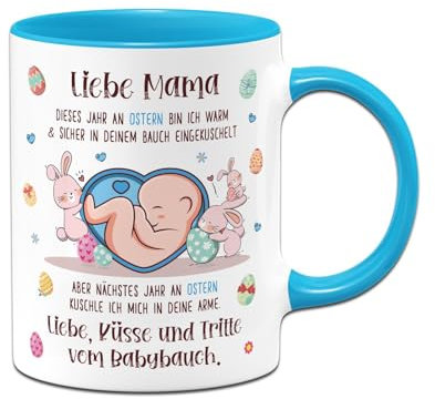 Geschenke für schwangere - Tasse Liebe Mama dieses Ostern bin ich noch in deinem Bauch - Geschenk für werdende Mutter zu Ostern, Ostergeschenk - Schwangerschaft verkünden (Blau)