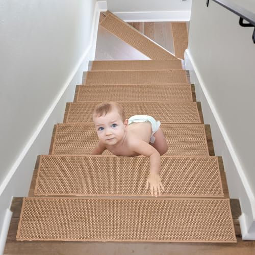 15Pcs Stufenmatten Treppen Teppich, Innen Natürlichem Leinen Treppenstufen Matten, Anti-Rutsch Selbstklebend Treppenmatten für Holzstufen, Treppenteppich Rutschfest Stufenteppich für Kinder 76x20cm