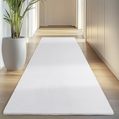 Carpettex Kurzflor Teppich Läufer Flur 80 x 250 cm Weiß - Teppich Waschbar, Weich, rutschfest, modern einfarbig Design - für Wohnzimmer, Schlafzimmer, Küche, Esszimmer