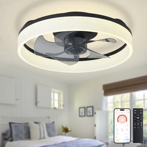 Depuley LED Deckenventilator mit Licht: 16 Moderne Low Profile Flush Mount Kronleuchter mit App & Fernbedienung - Dimmbar Schwarz Bladeless Fan Licht für Schlafzimmer Kinderzimmer Wohnzimmer