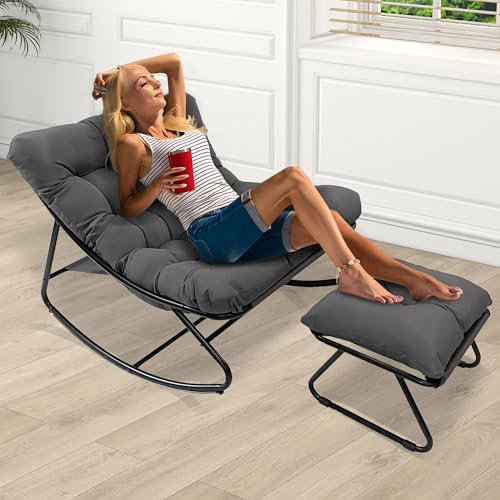 Schaukelsessel, Schaukelstuhl mit Hocker, Relaxstuhl mit Gepolstertem Kissen, Schaukelstuhl Wohnzimmer bis 150 kg Belastbar, Schaukelliege Outdoor Innen für Garten, Schlafzimmer, Terrasse (Grau-1)