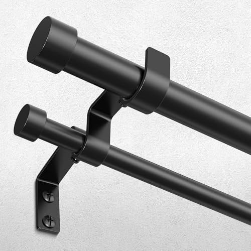 Black Double Curtain Rod, 36 to 72 Inch Dual Curtain Rods with Aluminium Modern End Cap Finials, 1 Inch Adjustable Heavy Duty Window Treatment Rods, Telescopic Metal Double Drapery Pole Set