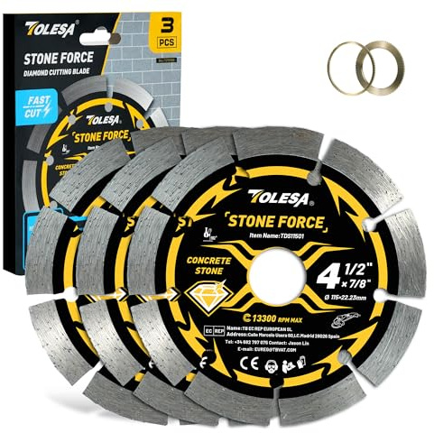 TOLESA 115mm Diamond Cutting Discs, Segmented,for Granite, Concrete, 3pcs | Fast Cutting, Up to 2X Life, 20mm & 16mm Adapter Ring, for Concrete, Brick, Dry or Wet Cutting, for Angle Grinder