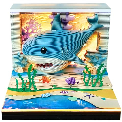 3D Kalender 2026, 3D Memo Pad Kunst Haftnotizen, Zeitstück Niedlicher Hai Kalender 2026, Kreativer Wochennotizblock mit Licht, Papierschnitzerei Kunst Desktop Geschenk für Weihnachten Geburtstag