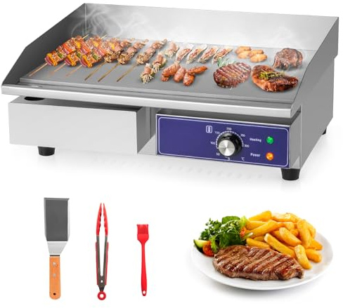 COSTWAY Commercial Electric Griddle, 2800W Full Flat Countertop Electric Hotplate with 50℃-300℃ Temperature Control & Accessories, Stainless Steel Bacon Fryer Steak Kitchen Business Catering Grill