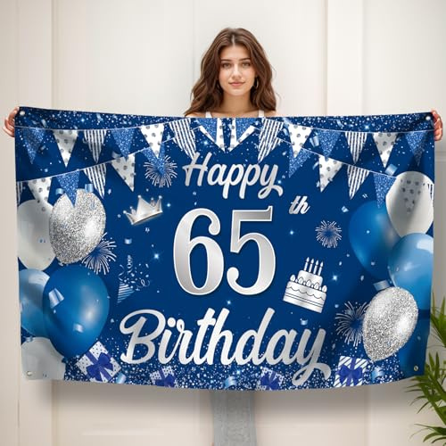 Koliphy 65. Geburtstag Banner, 65. Geburtstagsbanner Deko für Männer & Frauen, Handgehalten Stoff Geburtstagsdeko Party Dekoration für Drinnen und Draußen(Blau Silber)