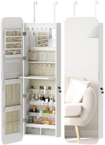 HOMCOM Miroir à bijoux avec éclairage LED, armoire à bijoux à fixer au mur ou sur une porte, armoire à bijoux avec serrure, miroir pleine longueur, 2 tiroirs, blanc