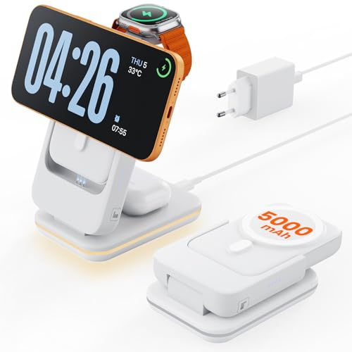 GEEKERA 3-in-1 Faltbare Magnetische Ladestation: 2026 Upgrade herausnehmbare 5000mAh Powerbank, induktives Ladegerät für iPhone Air/17/16/15/14-12, für Apple Watch 11-2, AirPods, Samsung Galaxy, Weiß