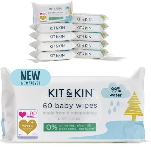 Kit & Kin Öko Feuchttücher Baby 600 Stück (10 Packungen), Hypoallergen Dermatologen Geprüft 99% Wasser Wet Wipes, Duft- und Plastikfrei in Recyclebarer Verpackung