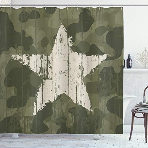 ABAKUHAUS Tarnen Duschvorhang, Grunge Stern auf Grün, mit 12 Ringe Set Stielvoll Modern, 175x200 cm, Dunkelgrün Sand
