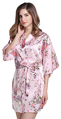 OLESILK Damen Kurz Morgenmantel Satin Kimono Morgenrock Kurzarm Robe Bademantel mit Gürtel V-Ausschnitt Nachtwäsche Negligee mit Kirschblüte Muster, Rosa