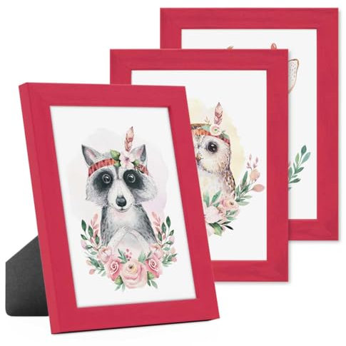 PHOTOLINI Bilderrahmen Kinderzimmer 10x15 cm Rot, 3er Set Wechselrahmen farbig, Holz, Acrylglas, Made in Germany, zum Aufstellen & Aufhängen, mit Zubehör - für bunte Kinderbilder