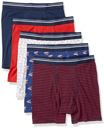 Amazon Essentials Herren-Unterwäsche, Boxershorts, bequeme Baumwolle, ohne Etikett, 5 Stück, Anker-/Hundedruck/Mini-Streifen, Größe XXL