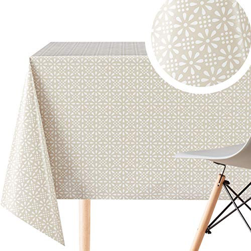 Beige Retro Wachstuchtischdecke mit Weiß Blumendruck, Abwischbare PVC Wachstuch - Rechteckige 300 x 140 cm - 10 Sitzplätze, Blumen Wachstischdecke Pflegeleicht Creme Vinyl Tischdecke Wasserdichtes