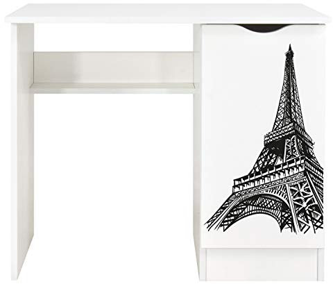 Leomark Weiß Kinderschreibtisch - Roma - Gemütlich Schreibtisch für Kinder mit Regal, Computertisch, Möbel für Kinderzimmer, Höhe: 77 cm (UV-Druck: Eiffelturm)