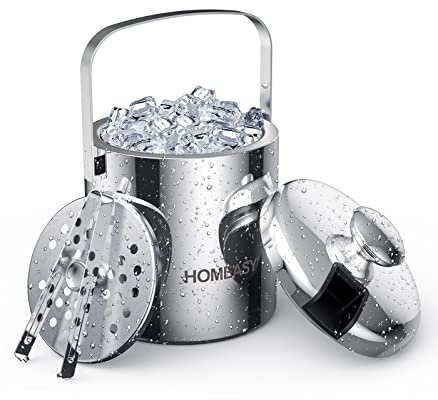 HOMEASY Ice Bucket, Double Wall Bar Ice Bucket Set 1.3L Stainless Steel Ice Bucket for Home Bar Including Lid, Tongs and Strainer Keeps Ice Cold & Dry Great for Bar, Party, Beer, Champagne and Wine