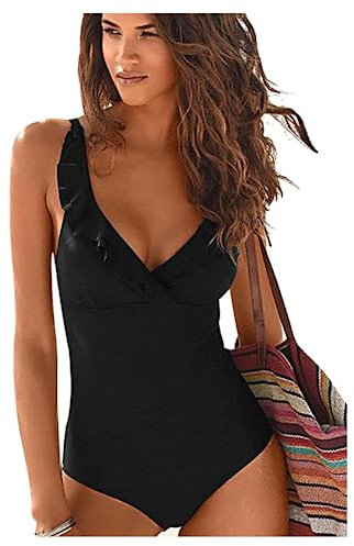 JFAN Costume da Bagno Donna Estivo con Scollo A V Stampa A Foglie Involucro Della Cassa Senza Spalline del Un Pezzo Moda Senza Schienale Bikini nero small