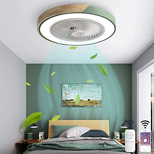 60W LED Ceiling Fan with Lighting Silent Modern Wood Invisible Smart Fan Ceiling Lamp Ultra Quiet Ceiling Fan with Remote Control Dining Room Bedroom Living Room Dimmable Fan Ceiling Light,Green