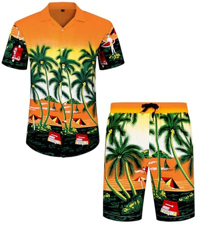 J.VER Mens Beach Hawaiian Shirt and Shorts Set Regular Fit Funky Flamingo Short Sleeve Holiday Shirt and Shorts Set Flower Button Down Summer Floral Party Yellow M