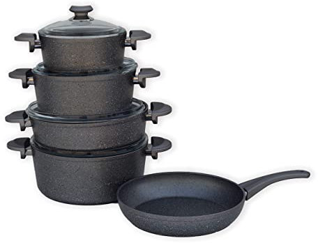 O.M.S Grey Granite Professional Non-Stick Cookware Set Casserole Pot Frying Pan Stainless Steel Home Cooking Pots - 3002 - Made in Turkey, Variety Pack
