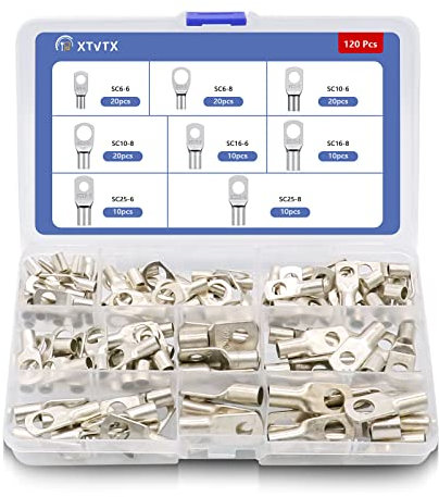Rohrkabelschuhe Set,120PCS,Kabelschuh 6mm² 10mm² 16mm² 25mm² Kupferklemmen Ringkabelschuh Quetschverbinder für Kfz Auto Motorad Boote