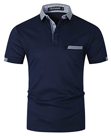 LIUPMWE Men's Short Sleeve Polo Shirts with Pocket Contrasting Colors Golf T-Shirt Tops,M,Blue-YT24