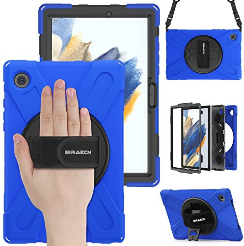 BRAECN Coque pour Samsung Galaxy Tab A8 10.5 Pouces 2022, Étui de Robuste avec Support Rotatif à 360° et Dragonne, Bandoulière, Résistant Housse pour SM-X200/SM-X205/SM-X207, Bleu