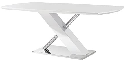 Casa Vital Esstisch Valeri, 180 x 90 x 76 cm, mit mittleren X gekreuzten Beinen in Kombination aus Chrom und Weiß, mit Fester Platte in Hochglanz-Finish in Weiß