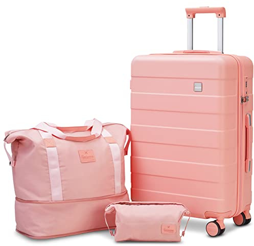 imiomo Set di valigie da 3 pezzi, valigia con ruote girevoli, set di bagagli da donna, leggero e rigido, da viaggio, con serratura TSA, rosa, Large Luggage 28IN, Bagagli grandi