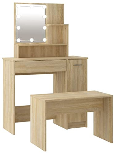 vidaXL Schminktisch Set mit LED Frisiertisch Kommode Frisierkommode Kosmetiktisch Hocker Spiegel Schminkhocker Schlafzimmer Sonoma-Eiche Holzwerkstoff