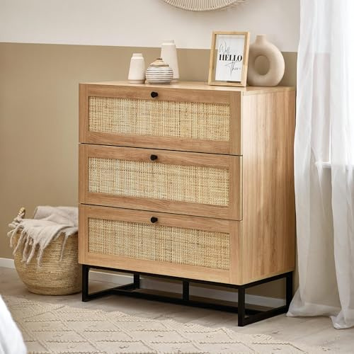 Julian Bowen Padstow Chest of Drawers, 3 Drawer, Oak Effect - H90 x W80cm | Industrial Style Drawer Storage Organiser, 3 Drawers, Rattan Detailing, Dresser for Bedroom, Living Room & Hallway