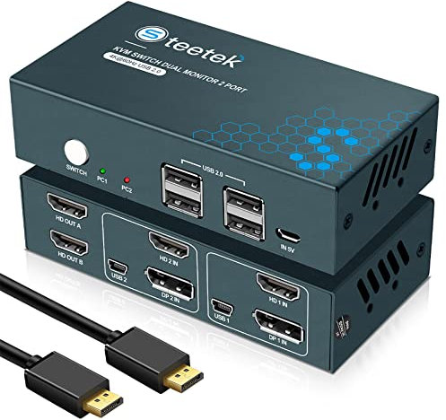 HDMI+DisplayPort KVM Switch 2 Monitore, Steetek 4K@60Hz KVM Switch Dual Monitor, KVM Switch 2 PC 2 Monitore mit USB2.0, DP 1.2, HDMI 2.0 und Knopfschalter