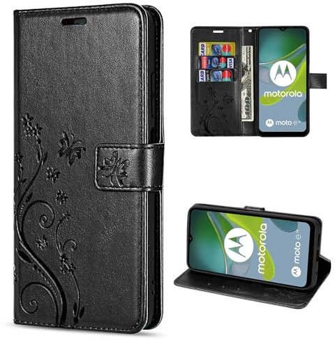 betterfon Hülle Kompatibel mit Motorola Moto E13 | Premium PU Leder Handyhülle Wallet Case für Moto E13 | Schutzhülle Blumen Klapphülle Handyhülle | Schwarz