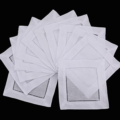 Moukeren 12 Stück Baumwoll-Leinen-Cocktail-Servietten, 15,2 x 15,2 cm, weißer Stoff, Hohlsaum, Servietten für DIY-Dekoration, Taufe, Party, Abendessen, Getränke, Bar, Kaffee, Dessert, Esszimmer