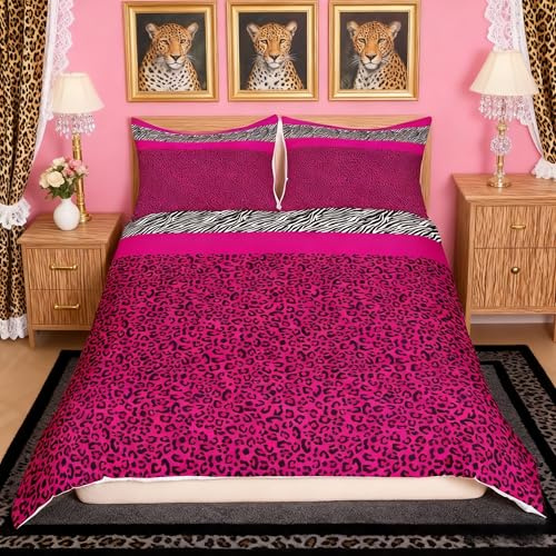 Pink Leopard Duvet Cover Set Double Size, Black White Zebra Print Bedding Set 3pcs for Kids Boys Girls Room Decor, Wild Animal Print Comforter Cover Cheetah Print Quilt Cover with 2 Pillowcases