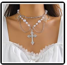 Dishowme Halskette mit Herz-Anhänger und Kristallen, Kreuzschleife, Vintage-Stil, Boho-Stil, Kunstperlen, Blume, Quasten, Schmuck für Frauen und Mädchen (Silber B)