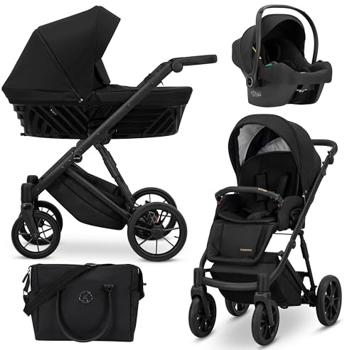 Kunert® IVENTO 3 in 1 Kinderwagen Kombikinderwagen komplettset I incl. Babywanne & Buggy Sportsitz & Auto-Babyschale mit Wickeltasche/Regenschutz +Fußsack I IVE 12 DEEP BLACK/BLACK FRAME