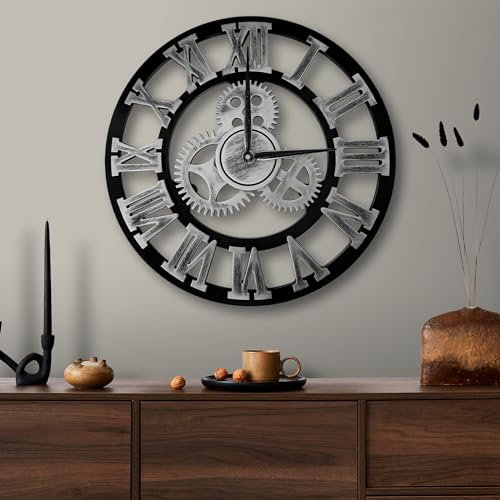 ALEENFOON Uhr Leise Wanduhren, 3D Gear Vintage Industrial Silent Nicht tickend Arabische Ziffern hängende Uhr für Wohnzimmer Küche Ohne Tickgeräusche Innenuhr (Silber Roman Numerals, 50CM)