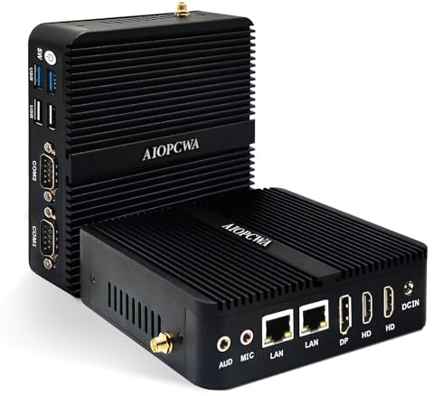AIOPCWA Fanless Mini PC, Celeron J6413 Quad Core Industrie PC, 2 Port 1000M Gigabit LAN, 2 x COM RS232/RS485 Serial Port, Barebone NO RAM NO SSD, Support Win11, Linux, WiFi/BT4.2