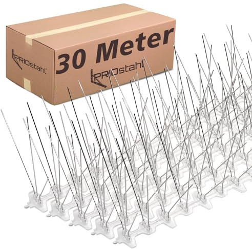 PRIOstahl Taubenabwehr Taubenspikes Vogelabwehr mit Kunststoffgrundplatte 5-reihig 30 Meter (60 x 0,50cm Spikes) Vogelschutz Abwehr für Balkon Dach Fenster UV-Beständig & rostfrei Edelstahl V2A