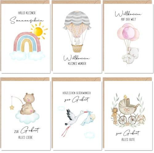 Ozagkad 6er Set Karte zur Geburt, Glückwunschkarten zur Geburt Baby, Karten Geburt mit Umschläge und Aufkleber, Süße Geburtskarten für Mädchen und Jungen