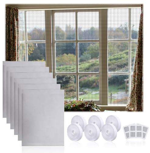 May Huang 6 Stück Fliegengitter Fenster, 150x130cm Fliegennetz Fenster mit 6 Rollen Selbstklebend und 3 Flicken, Insektenschutz Fenster, Moskitonetz Fenster, hält Fliegen/Mücken Draußen (Weiß)