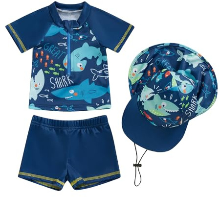 Baby-Badeanzug, für Jungen, 2-teilig, UV-Schutz, Langarm-T-Shirt + Badeshorts + Sonnenhut, Schwimmanzug, Shark Blue, 12-18 Monate