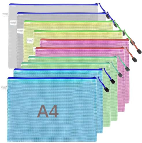 ATB-Foger 10 Pack Mesh Zipper Pouch Document Bag a4 Waterproof Plastic Folders A4 Zip Wallet Zipper Bags for School Office Homework Travel Storage Bags(10 Colors)