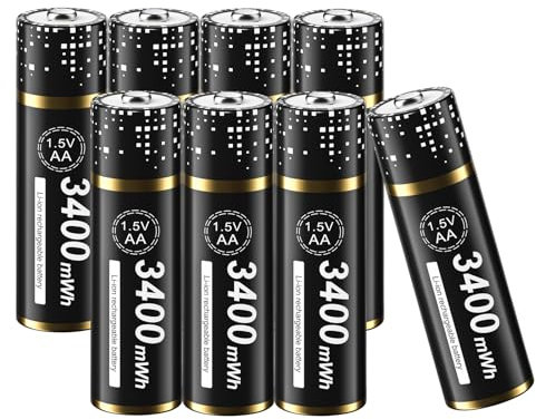 Palogreen Lot de 8 AA Piles Rechargeables au Lithium 3400 mWh - 1.5V Batterie au Li-ION AA Rechargeable Haute capacité - Charge Rapide - Cycle Long 1200 Fois