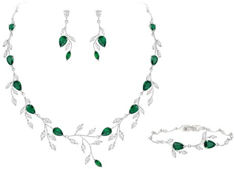 EVER FAITH Hochzeit Schmuck für Braut Damen Brautjungfer, Zirkonia birnenförmig Geburtsstein Blatt Halskette Armband Ohrringe Set für Prom Grün Silber-Ton