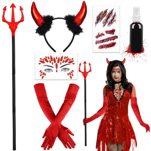 Hpbaggy Teufel Kostüm Damen Mädchen,Teufelshörner Teufels Ohren Haarreif | Handschuhe,Tattoo,Teufelheugabel,Glitzersteine gesicht,Kunstblut Spray,Teufel Kostüm Accessorie Halloween Karneval Fasching